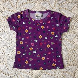 Vintage 1990s Swat Girls 4 Years Purple Floral Hearts AOP Tee Shirt